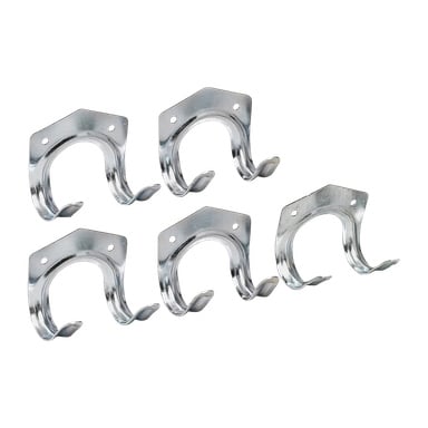 Pakiet Hard Head Tool Hooks 5 zawiera pięć srebrnych metalowych haczyków ściennych, każdy zaprojektowany z dwoma zakrzywionymi ramionami i przymocowany do sześciokątnej podstawy z trzema otworami na śruby. Haczyki są ułożone w dwa rzędy: trzy w górnym rzędzie i dwa poniżej, wszystkie skierowane do przodu.