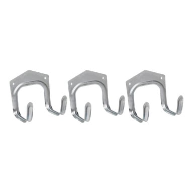 Trzy identyczne haki Hard Head Tool są ustawione w rzędzie jako 3-pack. Każdy solidny metalowy haczyk ma dwa bolce do zawieszenia oraz płaską płytę montażową z dwoma otworami na śruby.