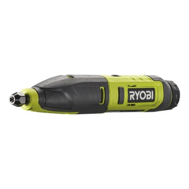 Zbliżenie na dłuto RPC4-0 zasilane baterią Ryobi USB, zasilane bateriami litowymi, z czarno-zielonymi kolorami oraz nazwą marki na boku. Narzędzie jest wyświetlane w pozycji poziomej.