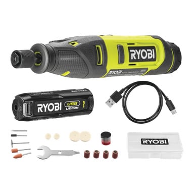 Ryobi USB Lithium multiverktyg RRT4-120GA15-kit med 19 delar: huvudverktyget, ett USB-litiumbatteri, laddningskabel, olika tillbehör, en liten skiftnyckel, flera poleringspads och slipband, en behållare med rött pulver och en klar Ryobi-bärväska.