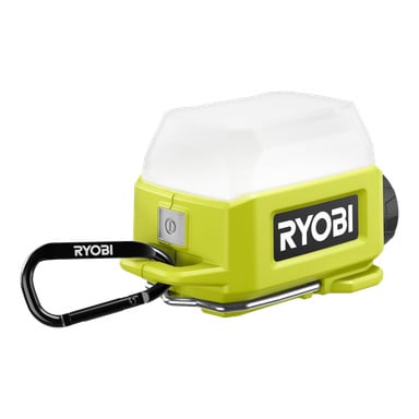 Ryobi USB Lithium Battery-drivna Area Lamp RLA4-0 visar ett livfullt grönt och svart färgschema, toppat med en vit genomskinlig sektion. Den har en sidomonterad strömknapp, en integrerad karbinhake för enkel montering och har tydligt Ryobi-logotypen på sidan.
