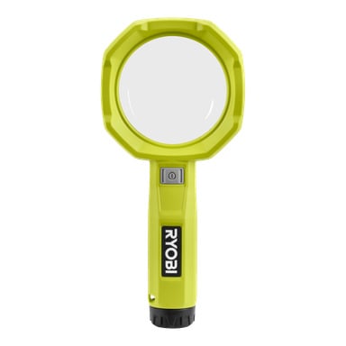 Żółta lampa litowa Ryobi USB z lampą RML4-0 ma czarną podstawę, prostokątny przycisk zasilania na uchwytie oraz przezroczysty okrągły obiektyw. Logo "RYOBI" pojawia się w czerni i bieli na uchwytie.