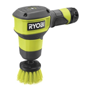 En Ryobi USB Lithium Rotating Wash Brush RSCR4-0 med svart och klargrön kropp och en cirkulär gul borstfäste.