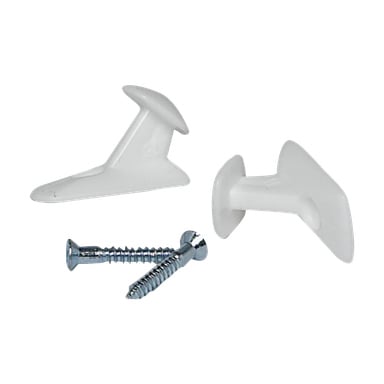 Zwei weiße Kunststoff-Hardhead-Cleats aus einem 2er-Pack-Set werden gezeigt. Jeder Cleat hat eine schräge, flache Form mit einem Schraubloch an der Basis für eine einfache Wandmontage und wird mit zwei silbernen Schrauben kombiniert.