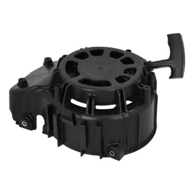 En svart plastmotor med rekylhandtag, designad för att starta små bensinmotorer som gräsklippare eller generatorer.