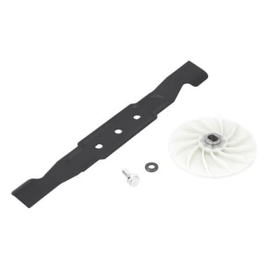 Gräsklipparbladkit med svart metallblad, vit plastimpeller, silverbult och bricka arrangerad ihop.