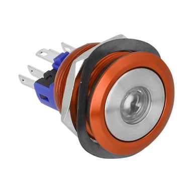 Närbild av en backknapp för gräsklippare: metallknapp med orange ring, silvermitt, blå bas och flera kontaktpinnar.