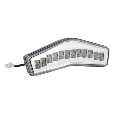 LED-gräsklipparens strålkastare med ett böjt, kantigt genomskinligt lock, två rader LED-lampor och en svart ledare som slutar i en vit kontakt.
