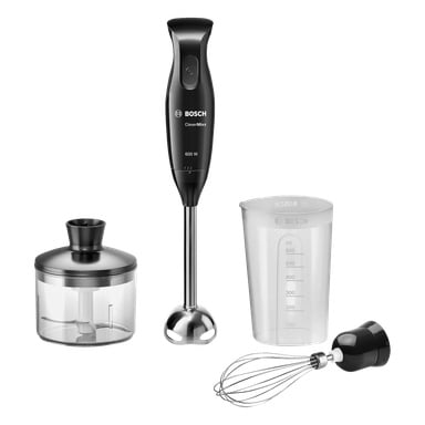 blender Bosch Home Hand CleverMixx MSM2650B zestaw z odłączanym ramieniem do blendowania, przystawką do sekania, miarką z oznaczeniami oraz nastawką do trzepaczki, wszystko umieszczone razem.