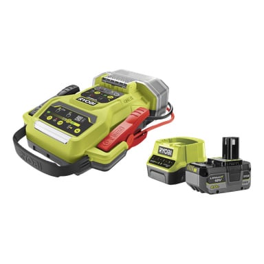 Ryobi One+ Jump Starter med fastsatta startkablar, en 18V batteriladdare och ett 4,0 Ah Ryobi One+ 18V litiumjonbatteri, alla i limegrönt och svart (modell RJSC18-1X40S).