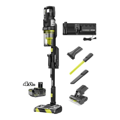 Ryobi One+ pystysuora pölynimurimalli RASV18BL-1X40G, jossa on seinälaturi, 4.0Ah akku ja neljä lisävarustetta: harja, halkeamistyökalu, joustava jatkoletku ja moottoroitu harjapää.