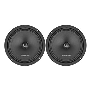 To runde svarte Phoenix Gold ZP65 Midbass-høyttalere vises side om side, solgt som et par. Hver enhet har en sentral diskant og monteringshull rundt kanten.