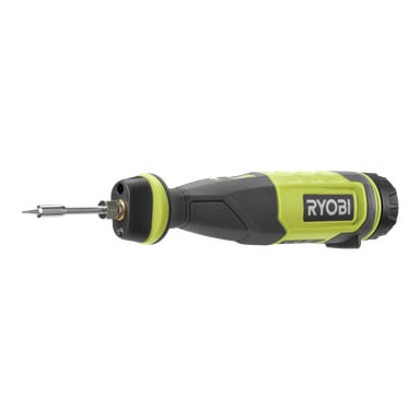 En Ryobi USB litiumbatteridriven lödkolv (RSI4-0) med ett svart och grönt handtag och en silverfärgad metallaxel, sedd från sidan.