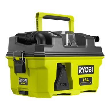 En gul och svart Ryobi One+ batteridriven dammsugare, modell RV1811-0, med en kapacitet på 11 liter. Den har ett stadigt handtag, slangfäste och visar Ryobi-märkning både på framsidan och sidan.
