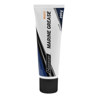 En 200g tube Hamron Marine Grease med fargevalg i svart, blått, hvitt og sølv. Etiketten viser "NLGI 2" i oransje og inneholder produktdetaljer i svart. Røret har en svart hette.