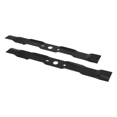 To svartmetallblader med gressklippere med flere hull og skrå kanter for effektiv klipping, utstilt side om side.