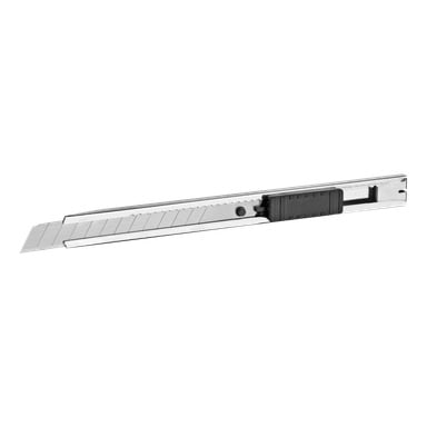 En närbild av Meec Tools Snap-off bladkniv visar dess segmenterade, infällbara blad och en svart plastglidare som används för att styra bladets position. Kniven visas horisontellt.