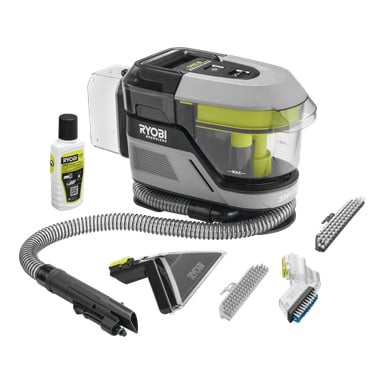 Ryobi One+ Battery Striin Remover Swift Clean RDC18BL jest prezentowany z butelką formuły czyszczącej, wężem, kośnymi i płaskimi końcami dyszy oraz dwoma różnymi głowicami pędzli.