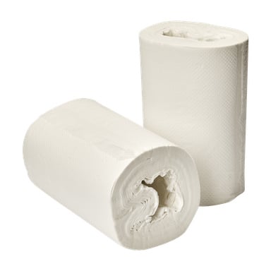 Pokazano dwa ręczniki Hamron Dryer roll w dwupaku, z których jeden stoi pionowo, a drugi leży na boku. Oba mają teksturowaną powierzchnię, a wewnętrzne kartonowe rurki są widoczne.