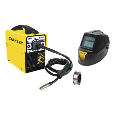 Stanley MIG hitsauslaite MIG 100 -sarja sisältää kiinnitetyn kaapelin, lankakelan ja mustan Stanley-hitsauskypärän digitaalisella näytöllä.