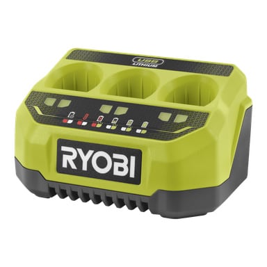 Ryobi USB Lithium Quick Charger (RC43P) na trzy baterie, z żywym zielonym kolorem, trzema portami ładowania, oznaczonymi diodami LED i logo Ryobi z przodu.