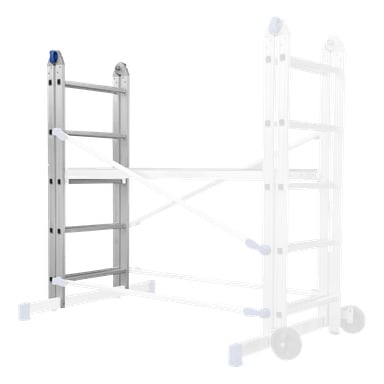 Stegram F. 340170 är delvis förlängd i en A-ram med transparenta överlägg, blå säkerhetslås och två hjul på ena sidan.