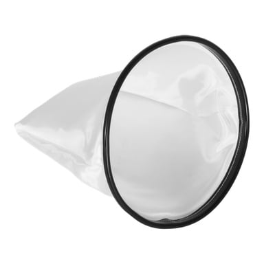 Ett DeWalt askvakuumförfilter med en konisk vit nätpåse och en svart cirkulär plastkant. Filtret är tomt.