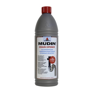 Szara plastikowa butelka Norenco Drain Cleaner Mudin z czerwonym nakrętką zawiera informacje o produkcie oraz ilustrację rury hydraulicznej na etykiecie. Butelka stoi pionowo.