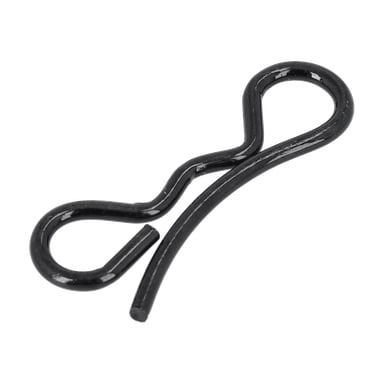 Svart metall R-klämma eller dragstift för broms, med en böjd design och en öglad ände.