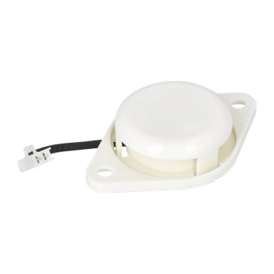 En vit plastsäkerhetsbrytare för sätet har en rundad topp, oval bas med två skruvhål och en svart ledning med vit kontakt.