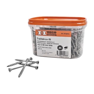 En plastbeholder på 200 pakker med Heco Decking-skruer, størrelse 4,2 x 42 mm, med flere skruer i rustfritt stål og en skrutrekkerbit plassert foran.