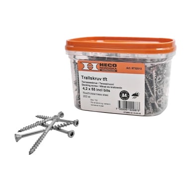 En klar plastboks merket Heco Decking skrue 200-pakke inneholder 200 rustfrie stålskruer som måler 4,2 x 55 mm; Flere skruer og en skrutrekker er plassert ved siden av beholderen.