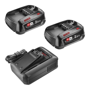 Et Bosch Power 4 All Batteries + Charger Starter Set med to 18V 2,5Ah oppladbare batterier og en lader med strømkabel.