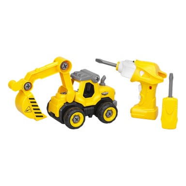 "Silverlit Radio-controlled excavator 26 pieces" visas med en gul leksaksborr och skruvmejsel. Grävmaskinen har svarta hjul, en rörlig arm och synliga skruvar på hjul och kaross.