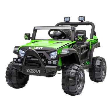 En grønn og svart Exost ERO Jeep batteridrevet barnebil, designet som en terrengjeep med store dekk, frontlykter, sidespeil og to takmonterte spotlights.