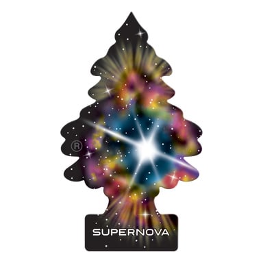 En Wunder Baum-luftfrisker formet som et furutre, med et fargerikt rominspirert design med stjerner og en strålende hvit eksplosjon, merket "SUPERNOVA" nederst.