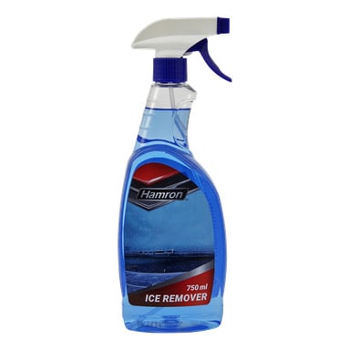 Przezroczysta butelka z rozpylaczem wypełniona 750 ml niebieskiego płynu, z etykietą Hamron Ice Remover do samochodów. Etykieta przedstawia obraz matowej powierzchni, a butelka ma białą dyszę z niebieskim spustem.