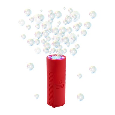 Bubbelmaskinen med ljus- och ljudfyrverkerier är en röd, cylinderformad apparat med ventilerade detaljer och ett lysande ljus på toppen. Den skjuter upp många tvålbubblor uppåt.