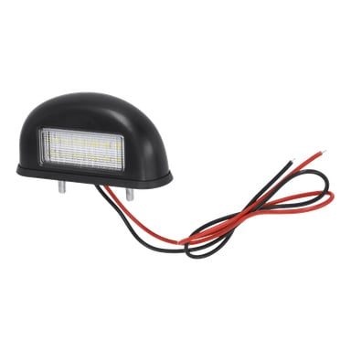 Eine kompakte schwarze Hamron LED-Nummernschildlampe mit einer klaren rechteckigen Linse, ausgestattet mit zwei Schrauben an der Unterseite zur Montage sowie roten und schwarzen Drähten, die davon herausragen.