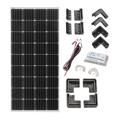 Ein Hamron-Solarzellen-Set ist ordentlich präsentiert und umfasst ein rechteckiges Solarpanel, einen Laderegler, Eck- und Halterungshalterungen, Drähte mit Klemmen und Befestigungsschrauben.