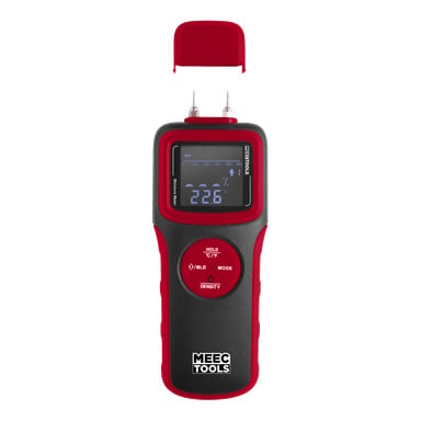 En fuktmätare från Meec Tools med svart och röd kropp, två metallprober och en LCD-skärm som visade 22,6°C.  Ett rött skyddslock har tagits bort och placerats ovanför enheten, med varumärket synligt längst ner.