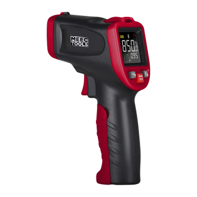 En svart och röd Meec Tools IR-termometer visar temperaturavläsningar på sin digitala skärm.