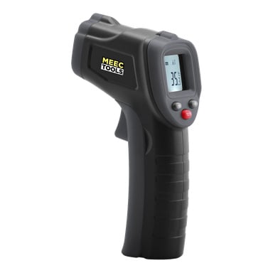 En svart IR-termometer från Meec Tools visar 35,3°C på sin digitala skärm, med en röd knapp placerad under skärmen.