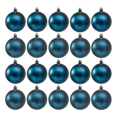 Tjue identiske blå juletrekuler med metalltopper er arrangert i et rutenett med fire rader og fem kolonner. På emballasjen står: «Tjue blå juletrekuler 20-pakke fra EKVIP.»