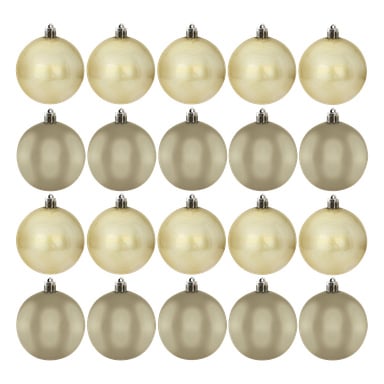 EKVIP juletrekuler 20-pakke" vist i et rutenett, med lyse gull- og matte sølvkuler arrangert i vekslende rekker, hver toppet med en metallhette og krok.