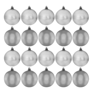 Et rutenett med 20 EKVIP juletrekuler i 20-pakke ornamenter, i skinnende og matt sølv, er arrangert i fire rader og fem kolonner.