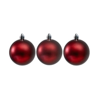 Tre skinnende røde EKVIP juletrekuler, "3 pack", hver med sølvtopp, er jevnt fordelt på rad.