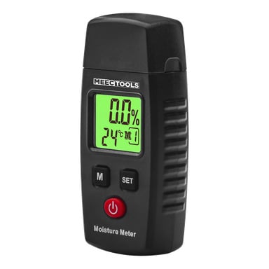 Svart Meec Tools Moisture Meter Mini med grönt upplyst skärm som visar 0,0 % och 24 °C, röd strömknapp, M/SET-knappar, märkt märke.
