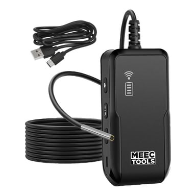 Black Meec Tools inspeksjonskamera for mobile enheter, med fleksibel kabel, LED-spiss, kontroller, batteridisplay og USB-C-kabel.