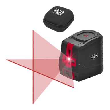 Meec Tools Crosshair-laser projiserer røde horisontale og vertikale linjer i et kors; Over den sitter et svart etui med glidelås.